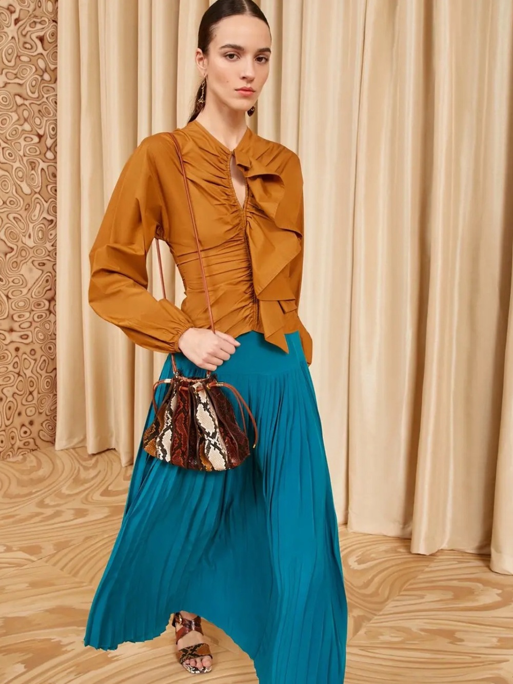 Ulla Johnson Silk Luxury Teal Green Pleated Maxi Skirt Size 12